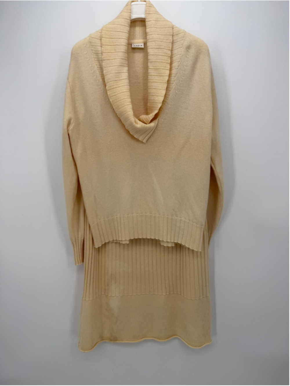 Vtg LUCIA Virgn Wool Cowl Neck Sweater and Skirt Set Beige Top Sz 6 Bottom Sz 8